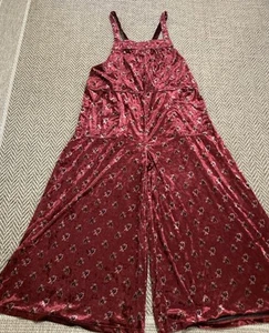Natural Life Jumpsuit Velour Womens XL Red Floral Wide Leg Pockets Bohemian - Picture 1 of 15