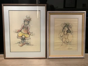 A. Schier, 2 Zeichnungen, Mädchen mit Hut, Clown, gerahmt, auf Papier, Glas - Bild 1 von 8