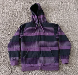 Vintage Y2K Volcom Purple & Black Striped Fur Lined Zip Up Hoodie Grunge Punk M - Picture 1 of 6