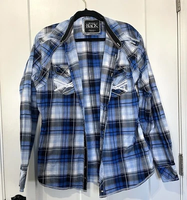 扣黑色男式蓝色黑色白色法兰绒尺寸 L 二手状况完好休闲轻便装扮 — 第 1/4 张图片