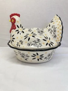 Temp-tations by Tara Large Rooster Chicken Baker Gray Floral 3 QT - Picture 1 of 11