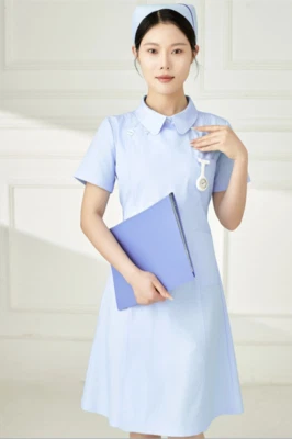 Women Nurse Dress Doctor Beautician Lab Long Coat Doll Collar Work Clothes - Image 1 of 4