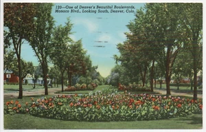 Monaco Blvd Looking South Denver CO Flowers Garden Linen Postcard Posted 1942 - Picture 1 of 11