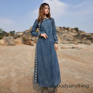 Women's Vintage Jeans Dress Denim Cheongsam Maxi Shirt Dresses Long Sleeve Dress - Picture 1 of 18