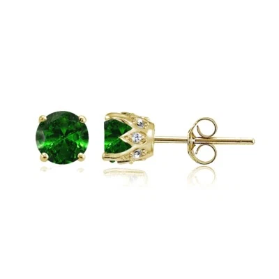 Yellow Gold Flashed Sterling Silver Simulated Emerald and CZ Crown Stud Earrings - Image 1 of 4