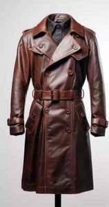 Men's Brown Leather 100% Real Lambskin Vintage Trench Coat Stylish Winter Wear - Picture 1 of 9