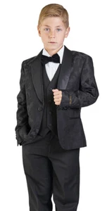 Boys Black Tuxedo Suit 5 Piece Set Shawl Lapel Floral 1 Button Formal Kids Dress - Picture 1 of 8