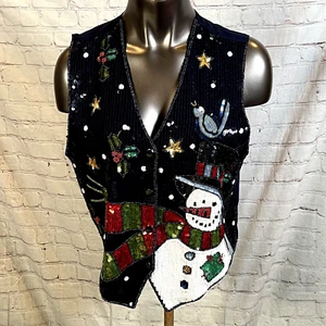 Quacker Factory Christmas Vest Size Medium Blue Sequined Beaded Snowman Stars - Picture 1 of 7