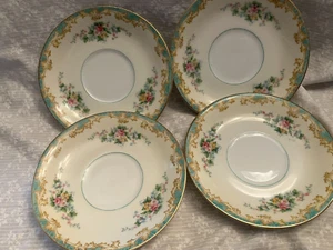 4 Adela Noritake M saucers. Vintage 1930s. Aqua, cream with pink flowers. Gol - Picture 1 of 6