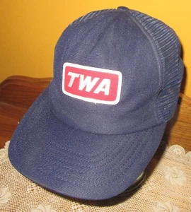 Vintage TWA Trans World Airline Patch Dk Blue Snap-Back Mesh Trucker Cap Hat USA - Picture 1 of 4