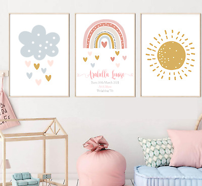 Personalised Rainbow Print Set Of 3 Baby Nursery Wall Art Sun Cloud Kids Bedroom • 9.99£