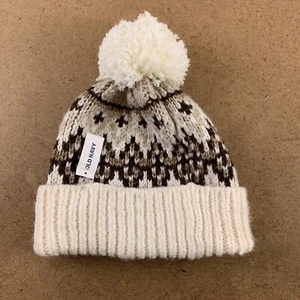 Old Navy Toddler Boy Size Medium 2T-3T Neutral Fair Isle Pom-Pom Beanie Hat NWT - Picture 1 of 4