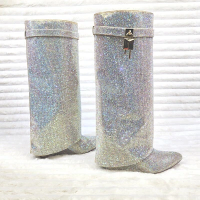Super Sparkle Sharky Skirted Fold Over Wedge Heel Knee Boots - Image 1 of 4