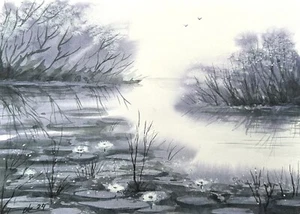 Original painting Landscape morning fog tree shore River Watercolor A4 Lake - Picture 1 of 7