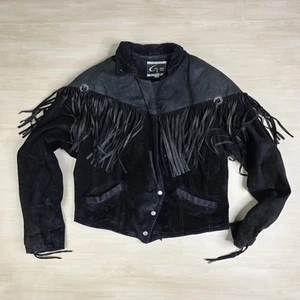Chaqueta vintage con flecos de cuero G3 para mujer corsé de gamuza negra talla occidental grande  - Imagen 1 de 15
