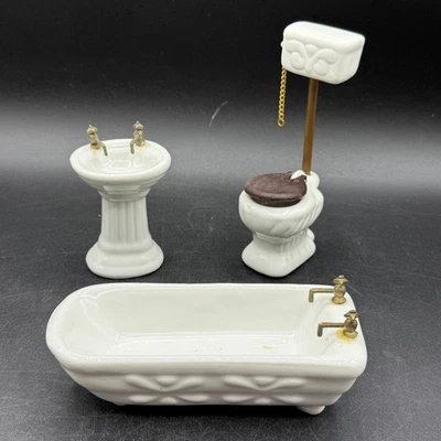Vtg 1/12 Scale Miniature Dollhouse Furniture Porcelain Sink Bathtub Toilet White - Image 1 of 4