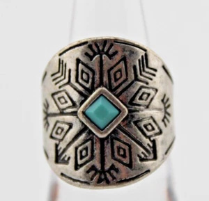 Engraved Silver Tone Ring With Turquoise Colored Set Native Design Sz 8.25 - Picture 1 of 9
