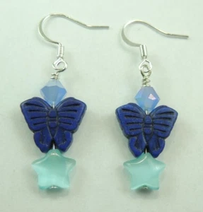 Orecchini Farfalla Howlite Blu Reale con Stelle e Cristalli Gioielli Fatti a Mano - Foto 1 di 1