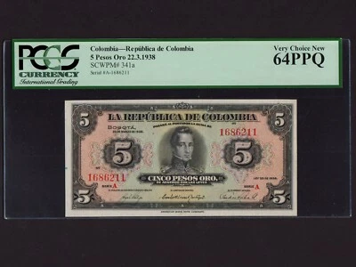 Colombia:P-341a, 5 Pesos, 1938 * Cordoba * PCGS Ch. UNC 64 PPQ * - Image 1 of 2