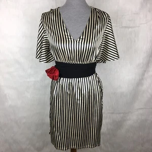 Judith March Medium Dress Striped Retro Satin Cream Black Rose Empire Waist Vtg - Picture 1 of 5
