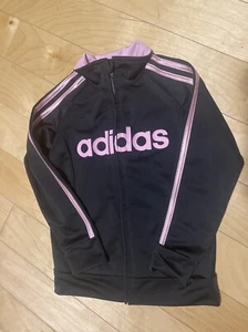 Adidas Track Jacket Girls Size 5 Full Zip Black Pink Stripes - Picture 1 of 3