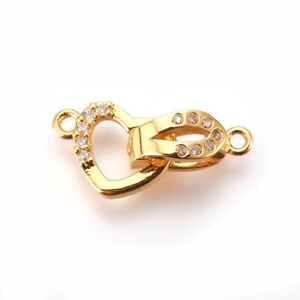 5x Real 18K Gold Plated Brass Micro Pave CZ Fold Over Clasps Heart Findings 18mm