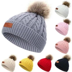 Baby Boy Girls Kids Toddler Winter Warm Knitted Fur Pom Bobble Hat Beanie Cap - Picture 1 of 19