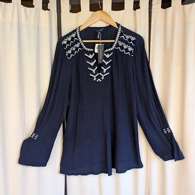 Nuevo con etiquetas Top túnica tejido bordado Lucky Brand 3X Boho azul azteca Foto 1 de 4
