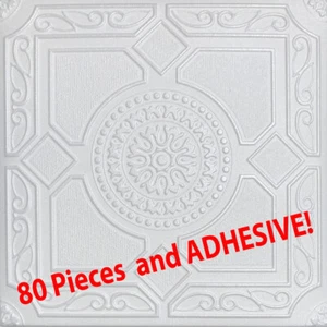 Piastrelle per Soffitto, 20" x 20", Incolla, LIMA Bianco, 80 PEZZI e ADESIVO (6Tubi) - Foto 1 di 5