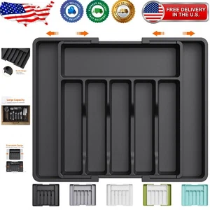 Premium BPA-Free Cutlery and Utensil Organizer - Large, Black Adjustable Tray - Picture 1 of 11