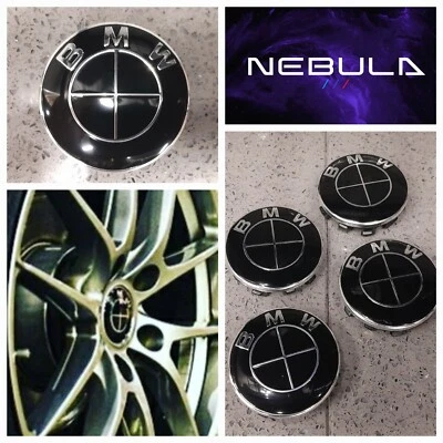 BMW ALLOY WHEEL BLACK CENTRE CAPS 68mm SET OF 4.  - Image 1 of 4