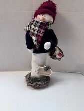 Primitive Handmade Painted Fabric Standing Snowman Doll 14”with Baby Snowman
