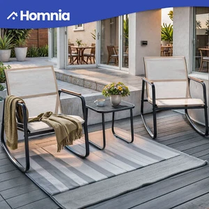 3-Piece Rocking Chair Bistro Set Metal Patio Outdoor Furniture Wood Coffee Table - Picture 1 of 11