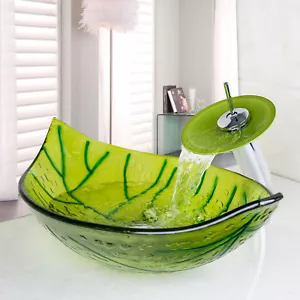 US Bathroom Vessel Sink Leaf Tempered Glass Deck Mount Bowl Waterfall Mixer Taps - Picture 1 of 9