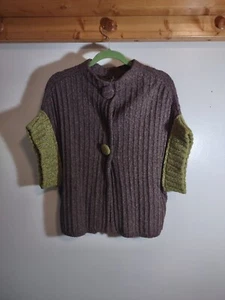 One Girl Who Women's L Cardigan Brown Green Art to Wear Chunky Boxy - Picture 1 of 9