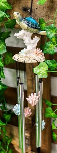 Nautical Reptile Kingdom Sea Turtle Swimming Over Corals Garden Wind Chime Decor - Picture 1 of 8