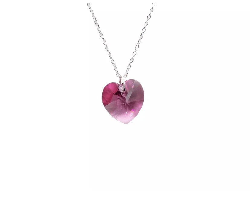 Macys Pink Swarovski Crystal Heart Pendant Necklace Sterling Silver 18"