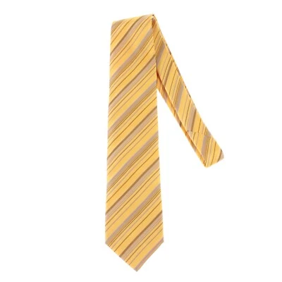 Dolcepunta 全新无标签 100% 真丝黄色领带棕色/米色条纹 — 第 1/4 张图片