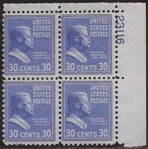 US Stamp 1938 30c Theodore Roosevelt Plate Block of 4 Stamps MNH #830 - Picture 1 of 1