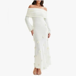 Vestito maxi maglione maglia elasticizzato bodycon maniche lunghe spalle scoperte nuovo uncinetto L - Foto 1 di 6