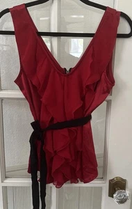 Red Satin Blouse Black Ribbon Tie Women's Small Whimisigoth Tank - Picture 1 of 9