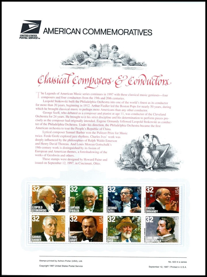 1997 Classic Composers & Conductors CP526 commemorative panel 522 MNH Sc 3165a - Image 1 of 1
