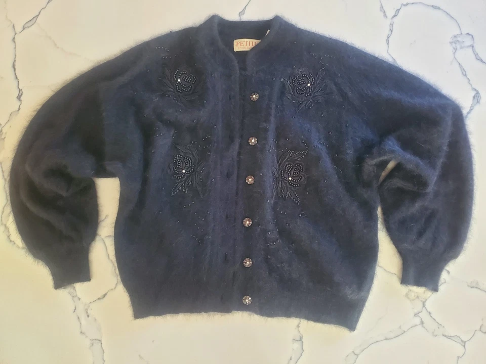 Vintage 80s Fashion Sweater Ml Fluffy Cardigan Floral Beaded Angora Lambswool - Image 1 of 4