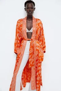 ZARA Long Hanoi Kimono with Belt Sz L Orange and White Leaf Print - Picture 1 of 15