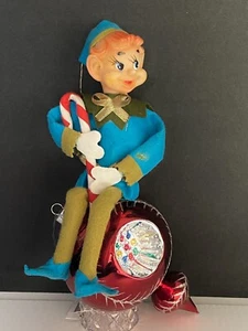 Rare Vintage Pixie Elf w/ candy cane Felt rubber Ornament Christmas knee hugger - Picture 1 of 12