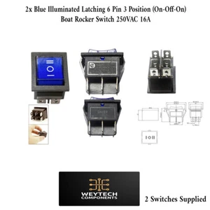 2x Blue Latching 6 Pin 3 Position (On-Off-On) Rocker Switch 250VAC 16A - Picture 1 of 2