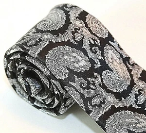 Paisley Necktie 100% Silk Skinny Black White Silver Stafford Narrow 58" x 3" - Picture 1 of 5