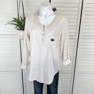 New LL Bean Tencel Blend Popover Shirt Cream Purple Print Roll Tab Sleeve Size M - Picture 1 of 9