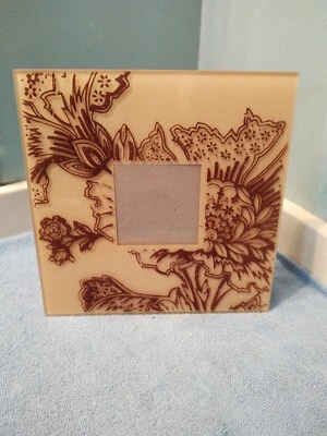 NEW RUSS Picture Frame Flesh color with Brown Flocked Flower Design 2.75" square - Image 1 of 4