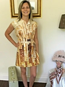 50's Ivory Retro Brown Print Mod Sleeveless Tunic Mini Dress - Picture 1 of 12